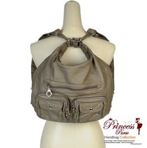 Designer Inspired Multi Ware Hobo Backpack and Handbag w/ Front Pockets - Light Gray